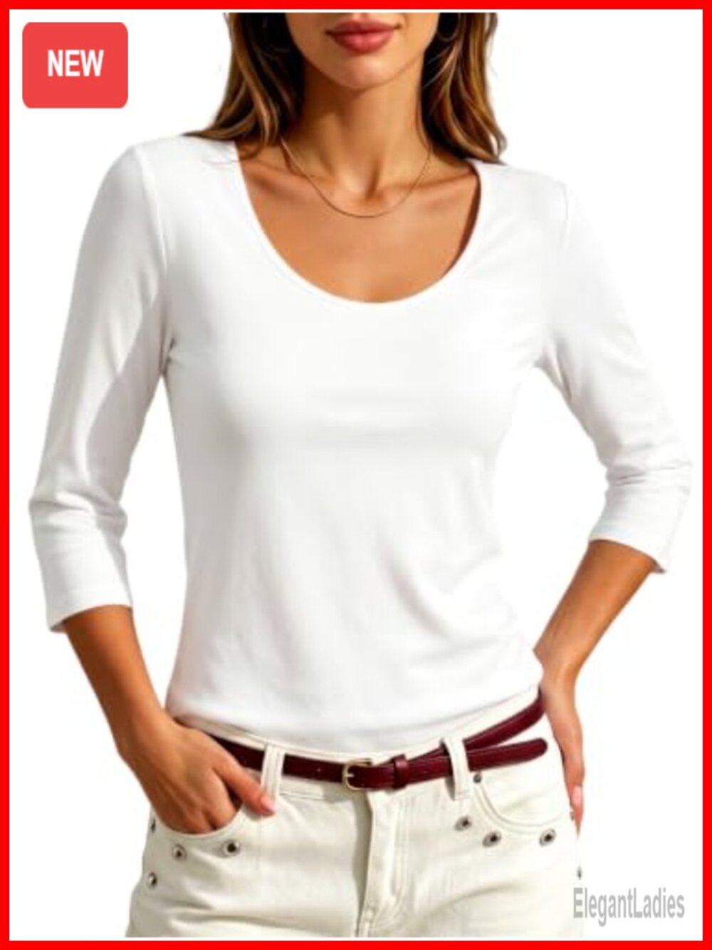 Women 3/4 Sleeve Scoop Neck Slim Fit Cotton Spandex Basic T-Shirt
